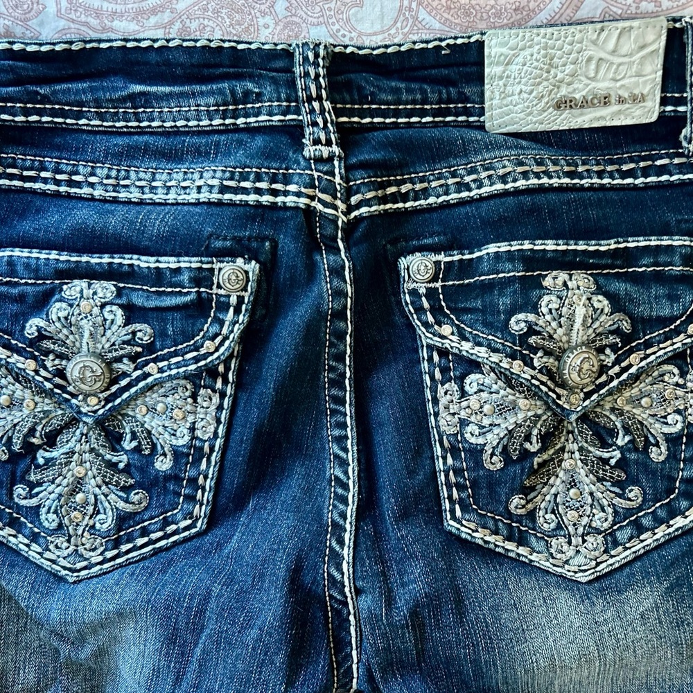 Grace in LA Women's Denim Jeans with Intricate Silver Detailing